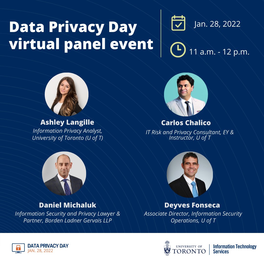 UTMServiceDesk's tweet photo. On Jan. 28, ITS is hosting a virtual panel event featuring subject matter experts from legal, cyber security, and privacy sectors who will discuss how changes in technology and privacy laws impact higher education. Register now:
https://t.co/77WUl5OTVl

#InfoSec #DataPrivacyDay https://t.co/tgTVeTTqfb