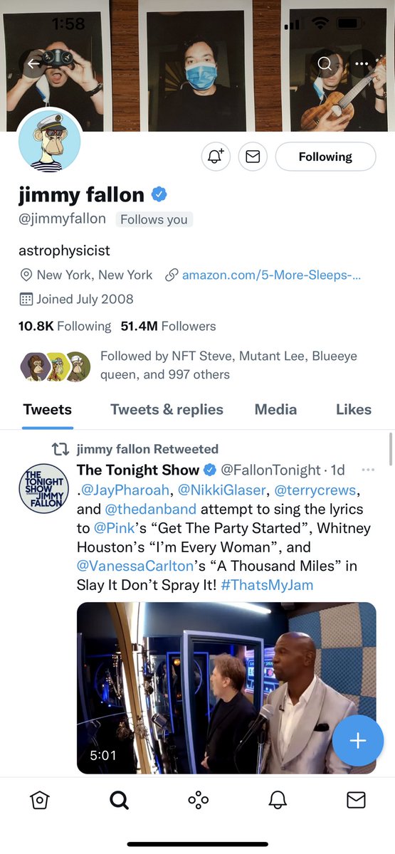 BombNFTs's tweet photo. Shout out to @jimmyfallon for the Follow. The @BoredApeYC is such a beautiful thing. 🦍♥️ https://t.co/E0UNmplU1u