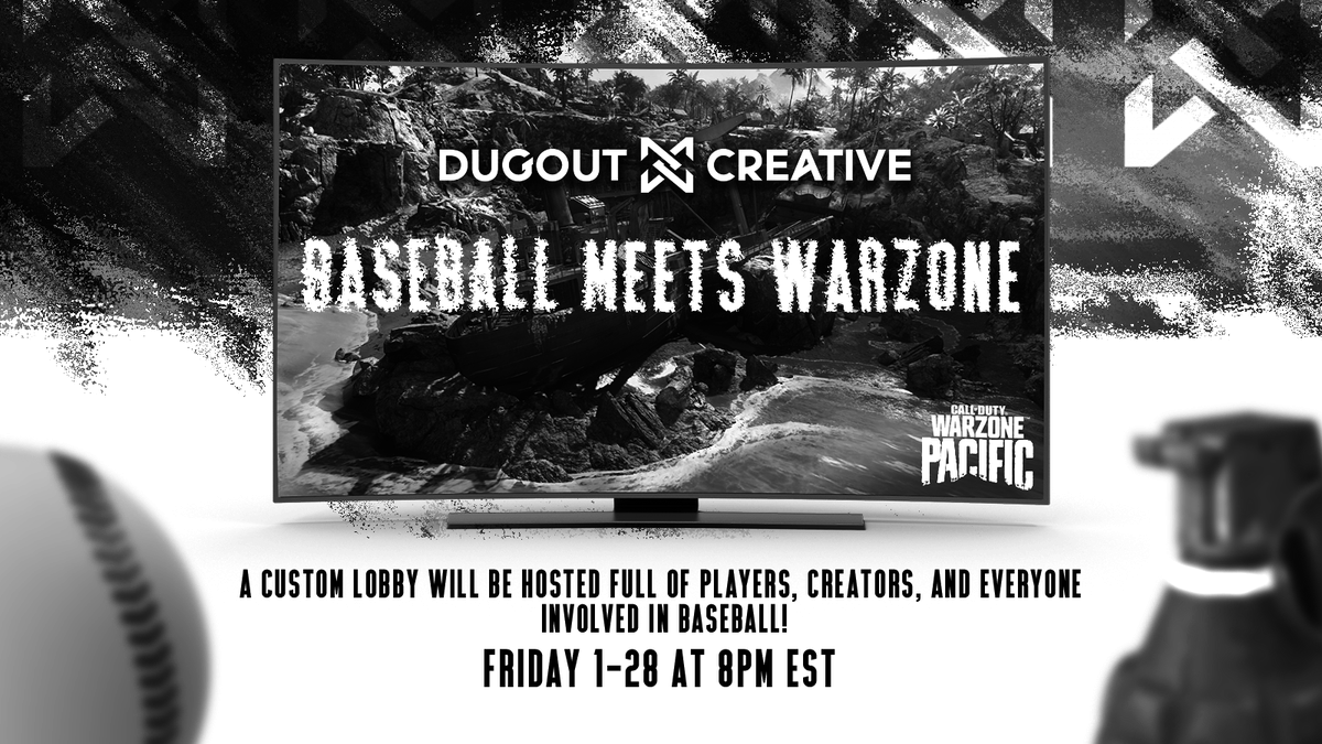 DugoutCreative's tweet photo. This Friday, Baseball Meets Warzone

We're hosting a Warzone Tournament for the baseball community! Come see your favorite baseball streamers play with current MLB players! We'll also be streaming this event!

If you wanna join in the fun, sign up here: https://t.co/1dO37oycRD https://t.co/wKPS747t43
