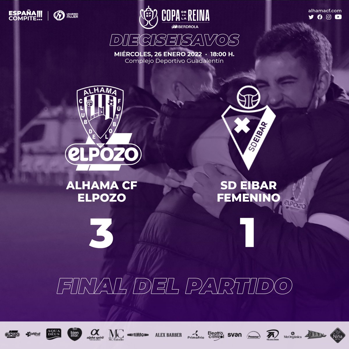 ⚽️ LO HEMOS HECHO, LO HEMOS HECHO, LO HEMOS HECHO...

👉🏻 El #AlhamaCFElPozo está en OCTAVOS de la #CopaDeLaReina.

💙 #SeguimosSumando 

#AlhamaEibar #RetoIberdrola #PrimeraIberdrola #OrgulloValorYGarra #ACF