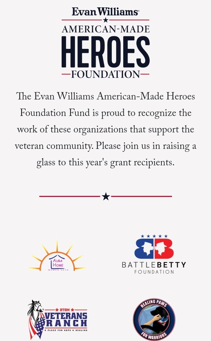 BattleBettyFdn's tweet photo. We are excited to share we are one of the recipients of the @EvanWilliamsUSA #AmericanMadeHeroes Fund. This grant will helps us kick off the year off right in our mission to support local #WomemVeterans.

#CheersToVeterans #BattleBettyFdn #WomenVets #VeteransSupportingVeterans https://t.co/Re4luHht1v
