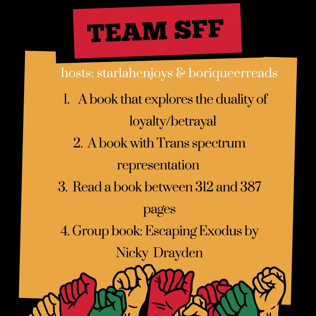 Picture of the Team SFF challenges. Text says: "Team sff, hosts: starlahenjoys & boriqueerreads 1. A book that explored the duality of loyalty/betrayal. 2. A book with Trans spectrum representation 3. Read a book between 312 and 387 pages 4. Group book: Escaping Exodus by Nicky Drayden