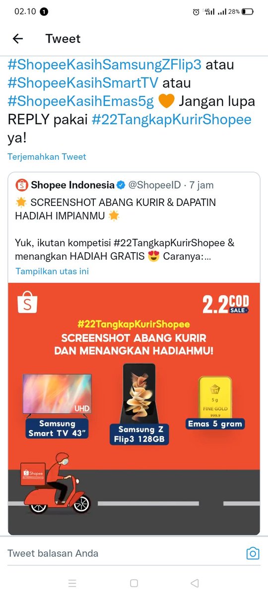 <a href="/ShopeeID/">Shopee Indonesia</a> #22TangkapKurirShopee  
#ShopeeKasihSmartTV 

hmmm iya kali kalau beneran nyata sampai rumah hadiah nya 🥺🥲...