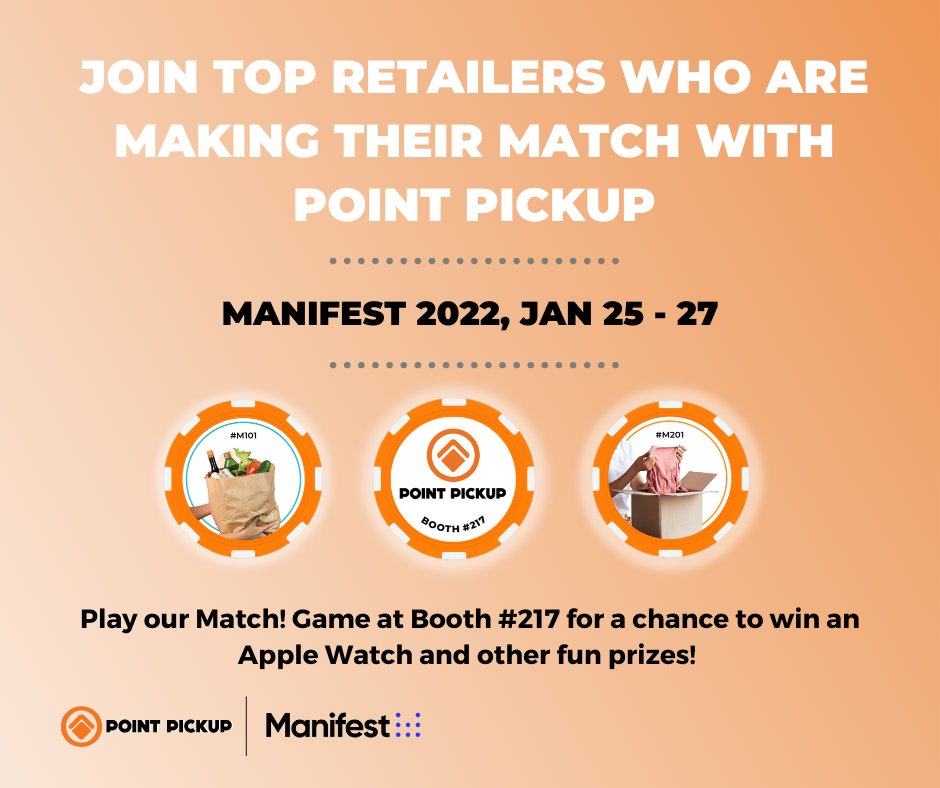 Play our MATCH! Game <a href="/ManifestFOL/">Manife.st</a> to win fun prizes. Collect a Point Pickup poker chip from the MATCH! Lounge, bring it to our booth (#217) &amp; enter the chip's code in our online game. Everyone wins a prize - gift cards, sweatshirts and the top prize, an Apple Watch! #manifest2022