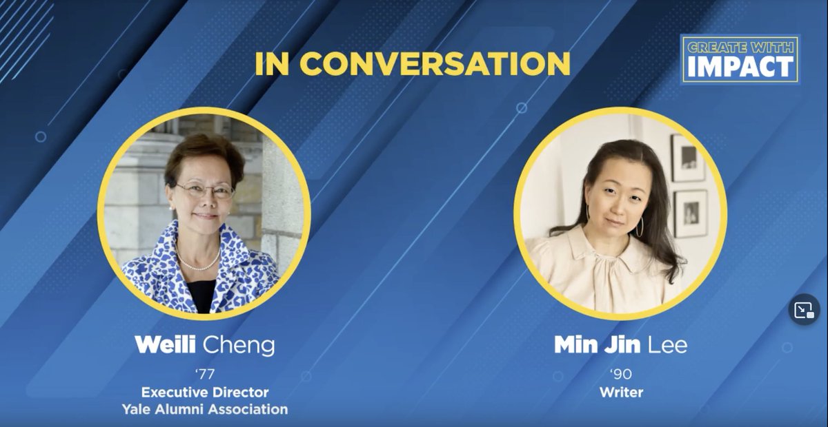 YaleAlumni's tweet image. In this Create with IMPACT conversation, Yale Alumni Association Executive Director Weili Cheng ’77 discusses creativity and more with author Min Jin Lee ’90. Watch  now: bit.ly/3KvtSzQ #YaleAlumni #CreateWithIMPACT