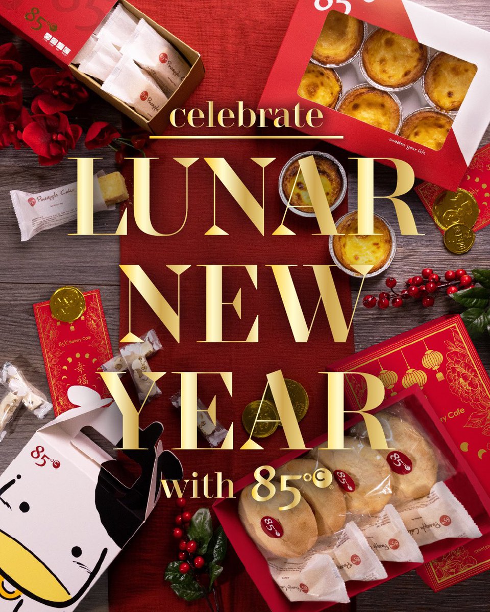 85CBakeryCafe's tweet photo. Celebrate Year of the Tiger with an assortment of 85ºC Lunar New Year boxes. All 4 boxes are now available in stores, including our limited edition 85°C 2022 Lunar New Year Box!  Select boxes available for shipping: https://t.co/nDGjwqjEb9 https://t.co/rtq4LvGXfB