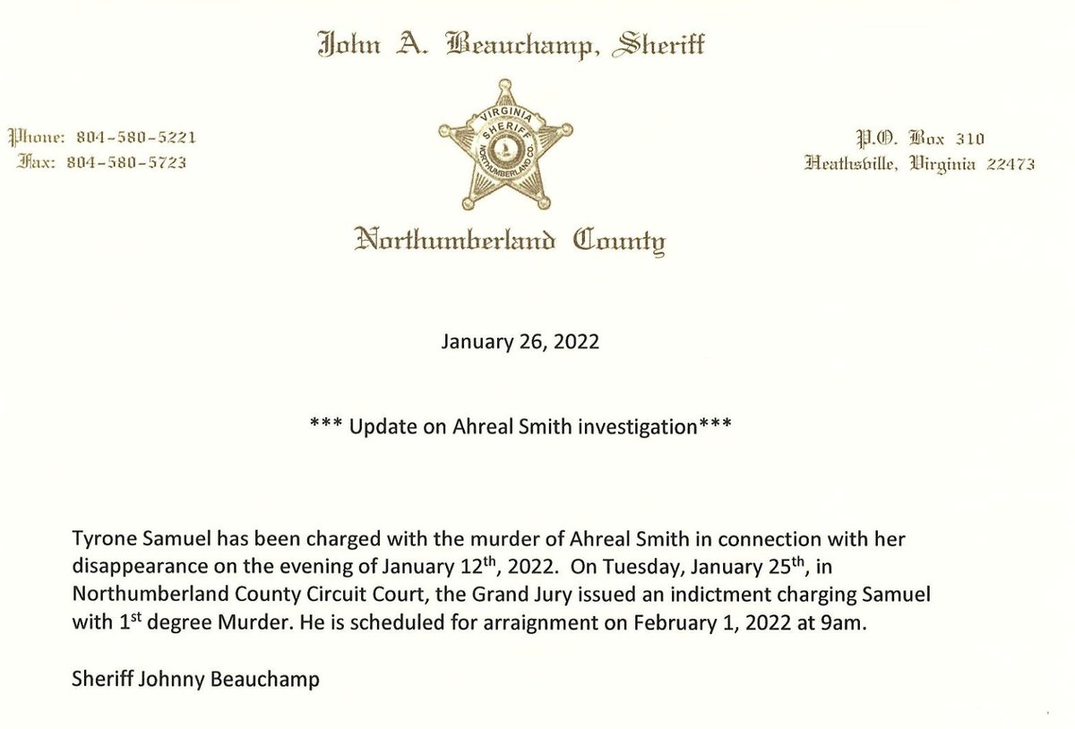 Cam Thompson (@camthompsoncbs6) on Twitter photo #Breaking: The Northumberland County Sheriff's Office said a grand jury has indicted Tyrone Samuel on a 1st-degree murder charge for the death of Ahrea'L Smith.
New arraignment set for Feb. 1.
#ahrealsmith
<a href="/CBS6/">WTVR CBS 6 Richmond</a> #Breaking: The Northumberland County Sheriff's Office said a grand jury has indicted Tyrone Samuel on a 1st-degree murder charge for the death of Ahrea'L Smith.
New arraignment set for Feb. 1.
#ahrealsmith
<a href="/CBS6/">WTVR CBS 6 Richmond</a>