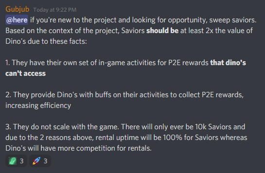 Sssebi's tweet photo. The master has spoken @cryptodino_io 
Dinos floor is almost 200 while Saviors are at 100 floor.
Guess it's a no brainer which one is about to pump massively.

#CNFTs #CardanoNFT #Cardano https://t.co/KIulnuSxoA