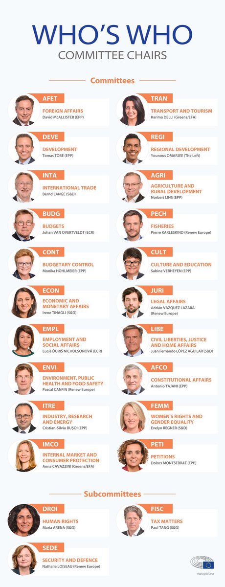 🇪🇺👥Le commissioni del Parlamento europeo hanno eletto i propri presidenti e vicepresidenti per i prossimi due anni e mezzo:⤵️

📍Tutti gli eletti qui: europarl.europa.eu/news/it/headli…

👏Buon lavoro a tutti!