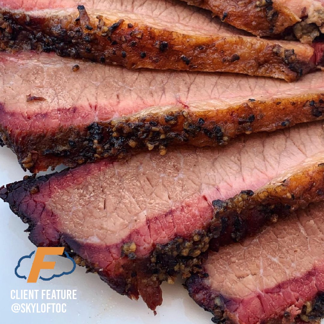 focusposca's tweet photo. The smoked brisket at @skyloftoc is delivering the heat. It's smoked in-house using CA Almond wood, don't walk, run. #FocusCA https://t.co/pMRO1oS2d1