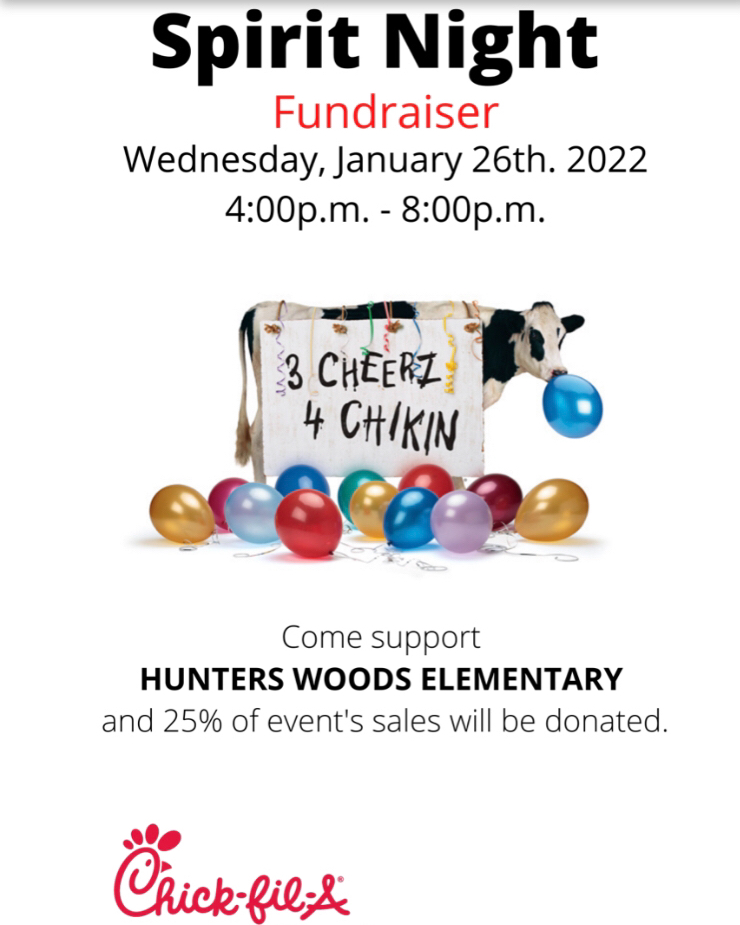 CFAReston's tweet photo. Join us this evening from 4-8 p.m. for our Spirit Night event tonight hosted by Hunter Woods Elementary! You must mention Hunter Woods Spirit Night when placing order. Add "HW Fundraiser" in special comments when mobile ordering. https://t.co/W68osuPugH