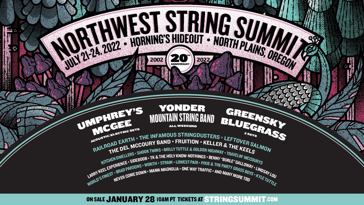 Well PNW folks, we're headed back! This time for a favorite festival of ours that's we've never played, @StringSummit. We are honored to be part of the final year of this beautiful festival. Tickets available on Friday -- we hope to see you there🦚💕