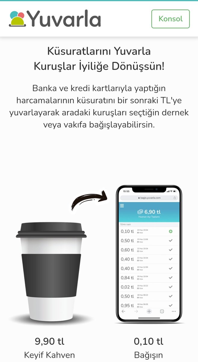 Sizde alışverişlerinde küsuratlarınızı iyiliğe yuvarlayabilirsiniz.
 Yuvarla uygulamasıyla -sadece virgülden sonrası yuvarlandığı için tek alışverişte yapabileceğiniz bağış 0.99 tl'yi geçmiyor.
Yuvarla uygulamasıyla kuruşlarını bağışlamaya davet ediyorum.
 yuvar.la/gokhaod1