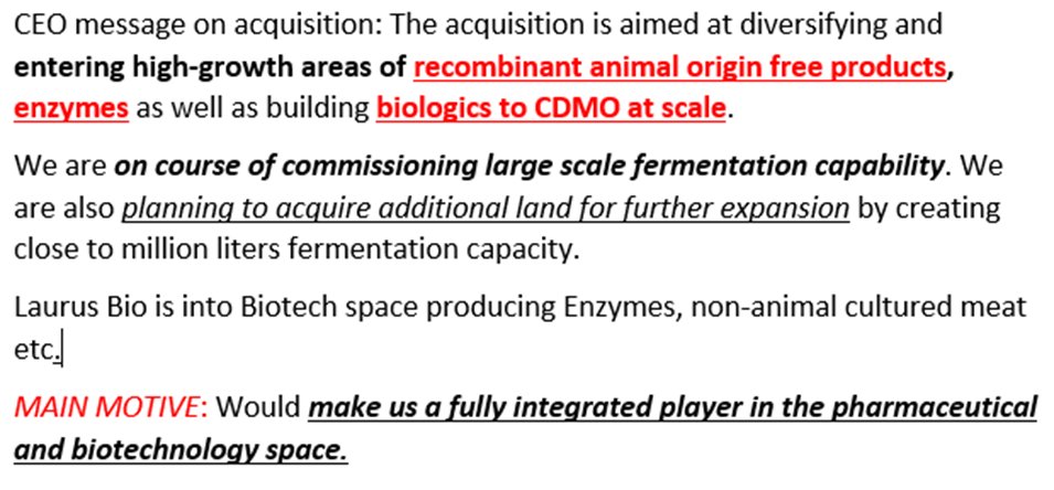 Recent Acquisitions[JAN 21] Acquired 72.55% in Richcore Lifesciences to enter Biologics. Renamed to Laurus Bio Private Limited.[JAN 22] to acquire 26.62% stake in Immunoadoptive Cell Therapy Private Limited (lmmunoACT), an advanced cell and gene therapy company.15/x