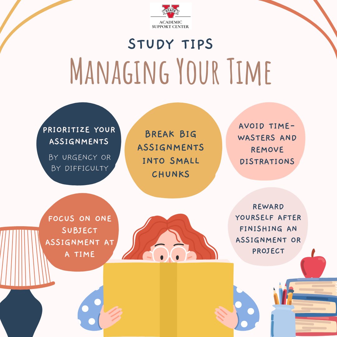 VsuAsc's tweet photo. Tip of the Week

Learning how to effectively manage your time will significantly improve your studying. We put together some useful tips to help you get started! #Students #timemanagement https://t.co/TcgKibLzVi