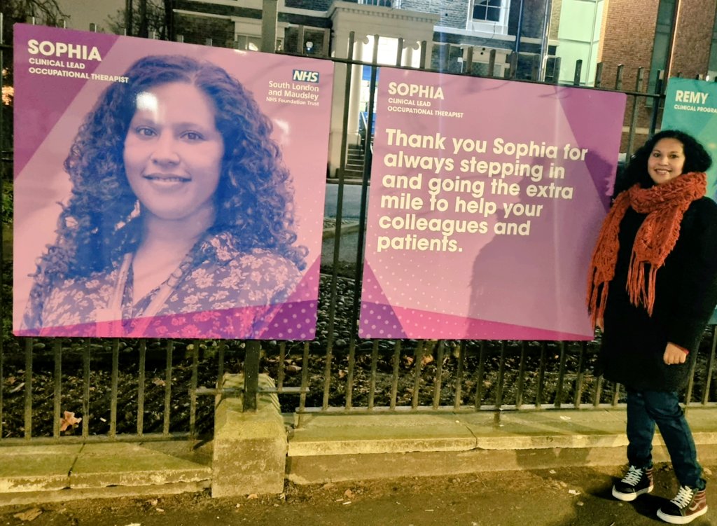 SophiaOT_'s tweet photo. We finally got to see our @MaudsleyNHS displays at the Maudsley Hospital ! ❤ This feels very surreal, seeing my big face on a main road 😂 But also very sweet! So proud of my lovely Naesha &amp; all the amazing work she has put in over this difficult time 🥰 #OccupationalTherapy https://t.co/3dinDlmRU3