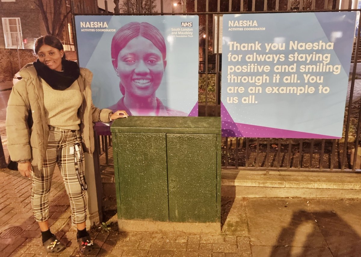 SophiaOT_'s tweet photo. We finally got to see our @MaudsleyNHS displays at the Maudsley Hospital ! ❤ This feels very surreal, seeing my big face on a main road 😂 But also very sweet! So proud of my lovely Naesha &amp; all the amazing work she has put in over this difficult time 🥰 #OccupationalTherapy https://t.co/3dinDlmRU3