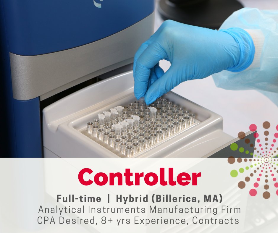 New Job! Controller for analytical instruments firm serving the pharma industry, FT #flexible, hybrid schedule remote and Billerica, MA. $130-140K, #CPA and manufacturing/M&amp;A experience preferred. See more and apply: bit.ly/3GaR1Es 

#controller #NewJob