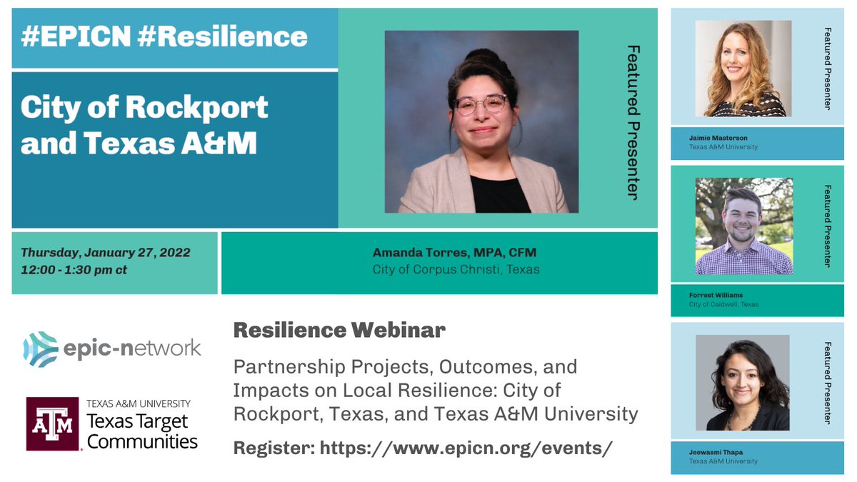 EPICNtweet's tweet photo. [Webinar] Partnership Projects, Outcomes, and Impacts on Local Resilience: City of Rockport, Texas and Texas A&amp;M University: Thursday, Jan 27 from 12-1:30 PM CT

To register, visit https://t.co/pXEbg4YsJy

#resilience #epicnetwork #epicn #epicprograms #partnership #tamu #epa https://t.co/tSdBpefhCe