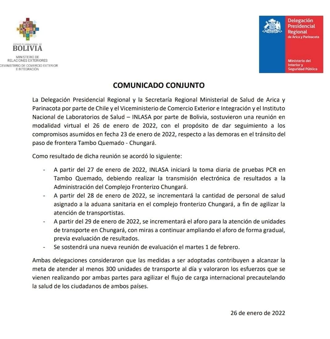📍Luego de sostener una reunión en modalidad virtual con el <a href="/DPPParinacota/">Delegación Presidencial Provincial de Parinacota</a> <a href="/mariocng/">Mario Salgado</a> y el Viceministro de Comercio Exterior e Integración Ministerio de Relaciones Exteriores Estado Plurinacional de Bolivia, <a href="/BBlancoF/">Benjamin Blanco</a> se logró llegar a los siguientes acuerdos 👇