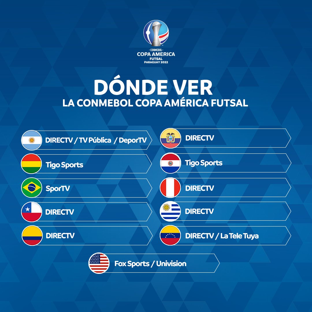 CONMEBOL Copa América™️ on X: ¡CADA VEZ FALTA MENOS!​ Entérate desde dónde  puedes ver la CONMEBOL #CAFutsal 2022 🌎📺​ FALTA CADA VEZ MENOS!​ Descubra  onde você pode assistir aos jogos da CONMEBOL