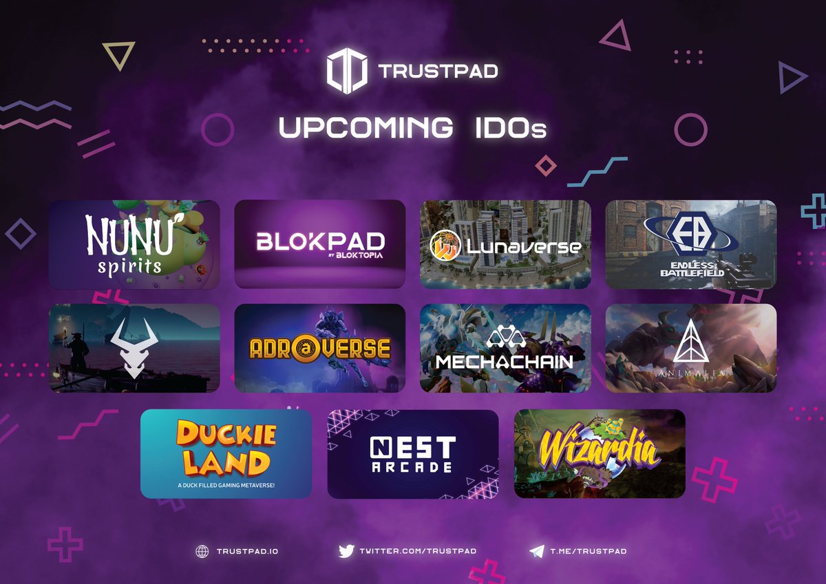 🔥 Upcoming #IDOs on #TrustPad 🚀 🚀 NEXT UP 🚀 🎮 Jan 27 @NunuSpiritsNFT 👾 Jan 28 @OfficialBLOKPAD 🎮 Feb 3 @Lunaverse_io 🎮 Feb 12 @Bullieverse 🎮 Feb 14 @adroverse TBA: @Animalia_token, @PlayWizardia, @TheNestArcade Pools 👉 trustpad.io/#pools #Launchpad #P2E #IDO