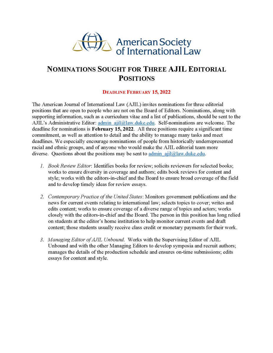 asilorg's tweet photo. Call for nominations for THREE @AJIL_andUnbound Editorial Positions! Deadline: February 15, 2022.

Details below and at https://t.co/W8bl9bb5Jt https://t.co/EbxRsAJu2X