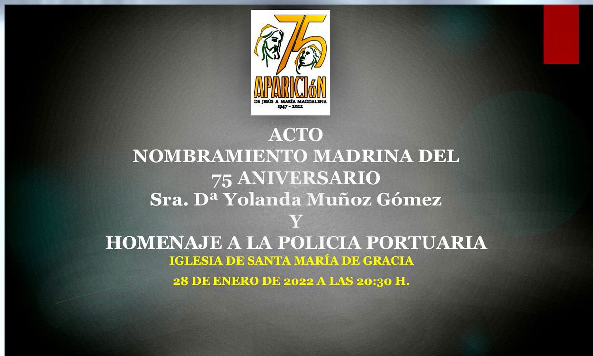 resucitadocarta's tweet photo. ⚪️ @aparmagdalena tendrá el viernes a las 20:30 horas, en Santa María de Gracia, el acto del nombramiento de Madrina de la agrupación, con motivo del 75 Aniversario que celebran este año.

#75AniversarioApariciónMagdalena
#SoyResucitado
#OrgulloBlanco https://t.co/akakcmd9tc