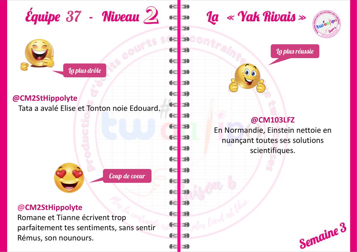 Les classes ont voté, 
pour ces phrases à la « yak rivais »
@CM2CdBGutenberg
<a href="/ClassedeCM22/">Classe de CM2</a>
<a href="/CM2StHippolyte/">CM2 StHippolyte</a>
<a href="/CM103LFZ/">CM2-03LFZ</a>
@classe_ev