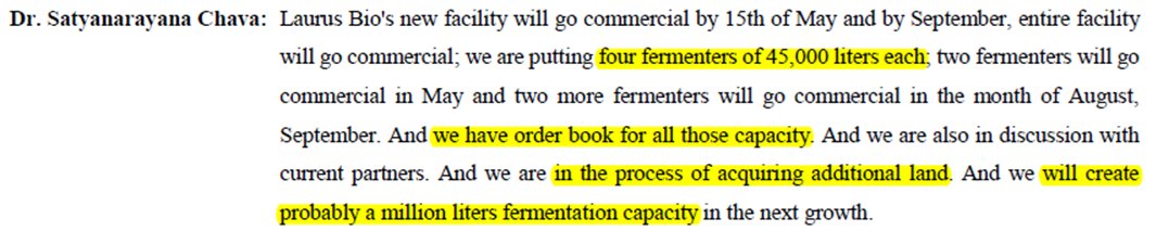 Laurus Synthesis: Developing capacities where once operating leverage kick’s-in, it’s a bomb. (fixed cost + lower incremental costs and exponential revenues)Laurus Bio: sky is the limit. hinted for 1mil, then 3-4mil capacity. so, ~5x, then ~19x revenue from bio if done.24/x