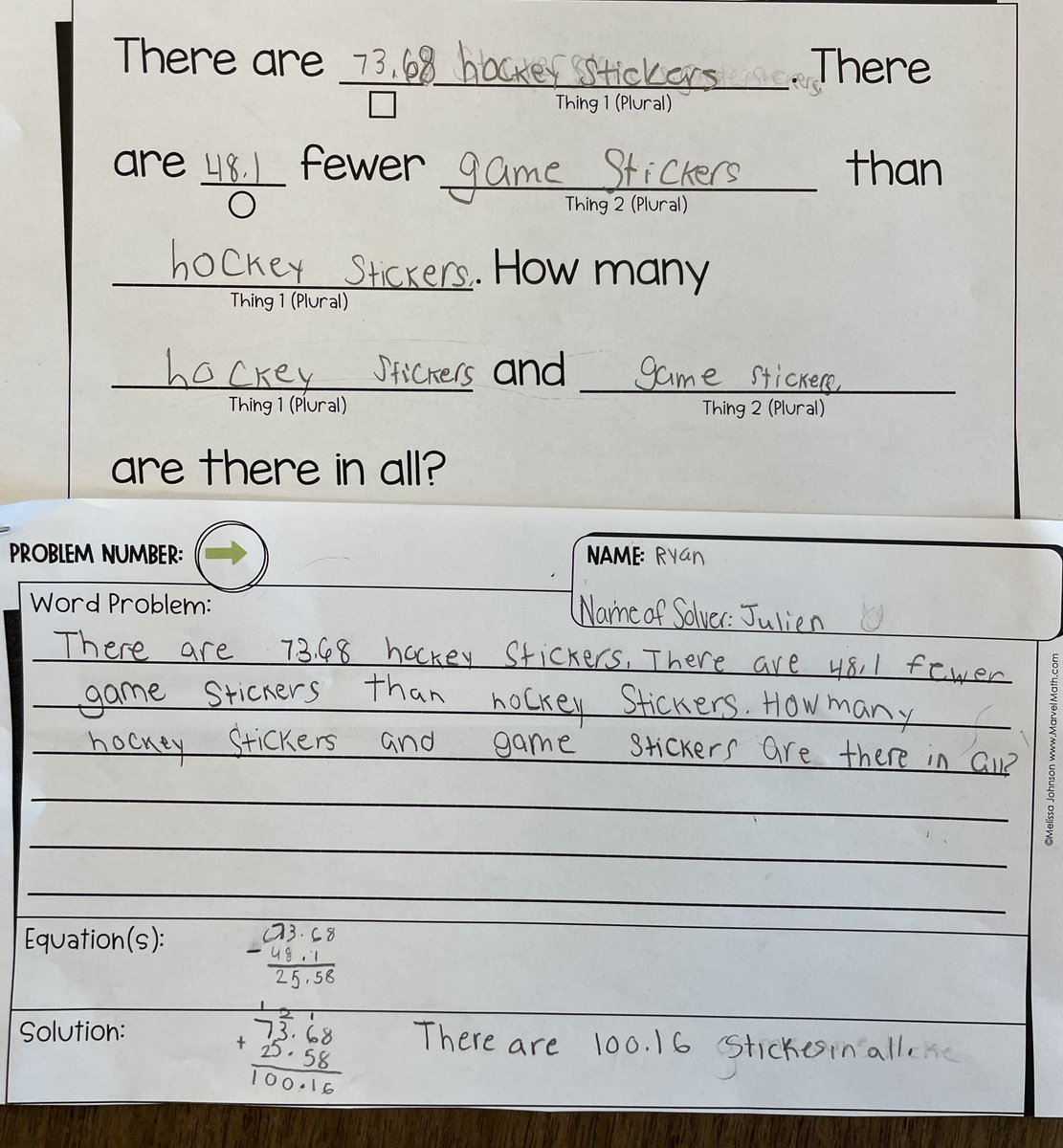 AmandaBetz6's tweet photo. Today we designed our own word problems, used manipulatives and got to solve our friend's problems! Constructing in math was awesome, and students had fun being the teacher for a day 😊➗➕ @Jennifer_LynnP @MsMcGovernLB @RomanelliPaul @LBSchoolsNY @LindellPTA https://t.co/2YN2tnQIeZ