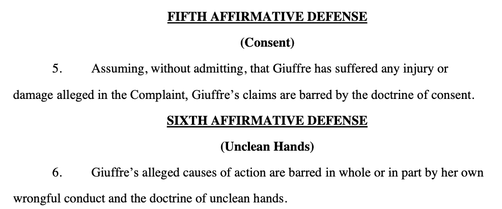 RespectIsVital's tweet photo. Part of Prince Andrew's defence:

• If anything happened between the Prince and Giuffre, *but without admitting it did*, it was consensual.

He'll also argue Giuffre's conduct was wrongful. 

An example *could be: Andrew's legal team argues she miseld him. https://t.co/z322rouYKl