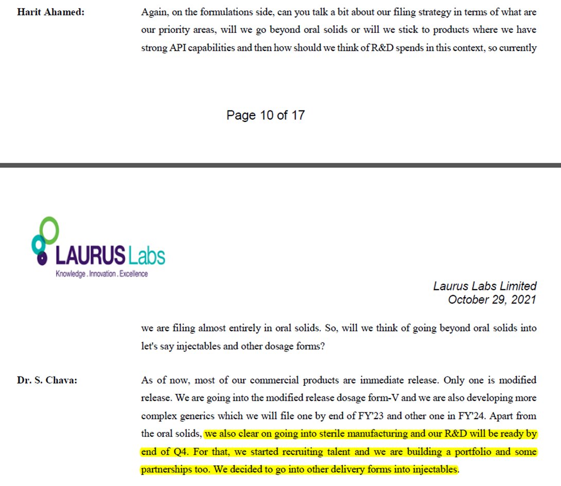 Injectables: They currently only do oral solids. They used to doge injectables. But, in the Nov’21 concall, finally they said of entering into the segment.26/x