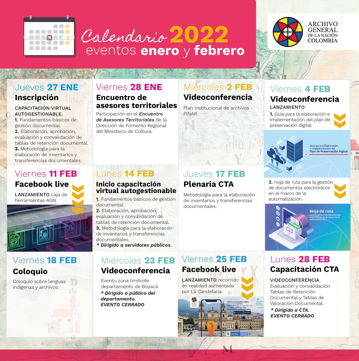 📌¡Agéndate! 🗓 
Estas son las actividades que tendremos en el cierre del mes de #Enero e inicio de #Febrero.

Cerca a cada una de las fechas, publicaremos la respectiva información a través de nuestras redes sociales y sitio web.

🤗Esperamos contar con tu participación.