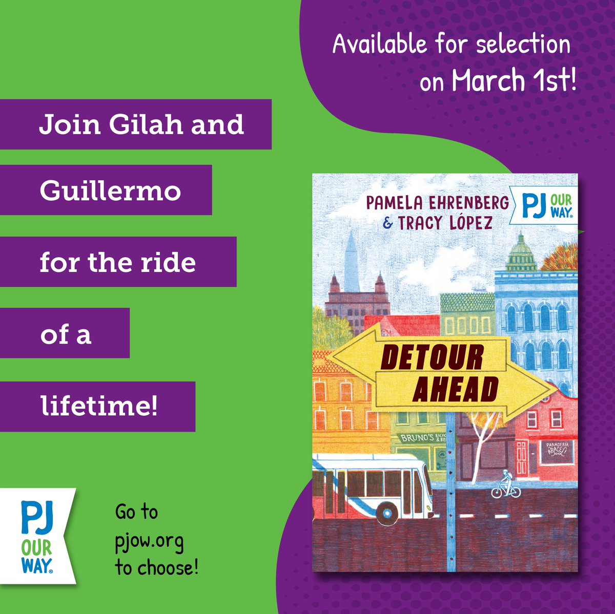 PJLibrary's tweet photo. *NEW BOOK REVEAL*  We're thrilled to announce a brand new book from PJ Publishing -- Detour Ahead, by @PamelaEhrenberg and @tracydelopez. PJ Our Way subscribers will be the first ones to read this new novel when it's one of our selections in March.

#MiddleGradeBooks #TweenBooks https://t.co/s68r74euyX