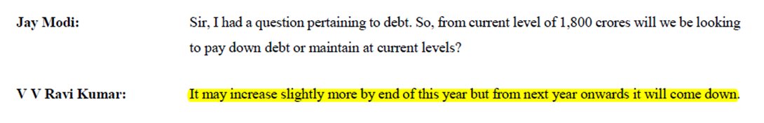 However, the upcoming greenfield capex in the 3-4 land acquired can be a pain point as well. They weren’t looking to reduce debt as growth opportunity was very good. Now suddenly, within 3-4 months, they say, debt reduction might happen in the next year.31/x