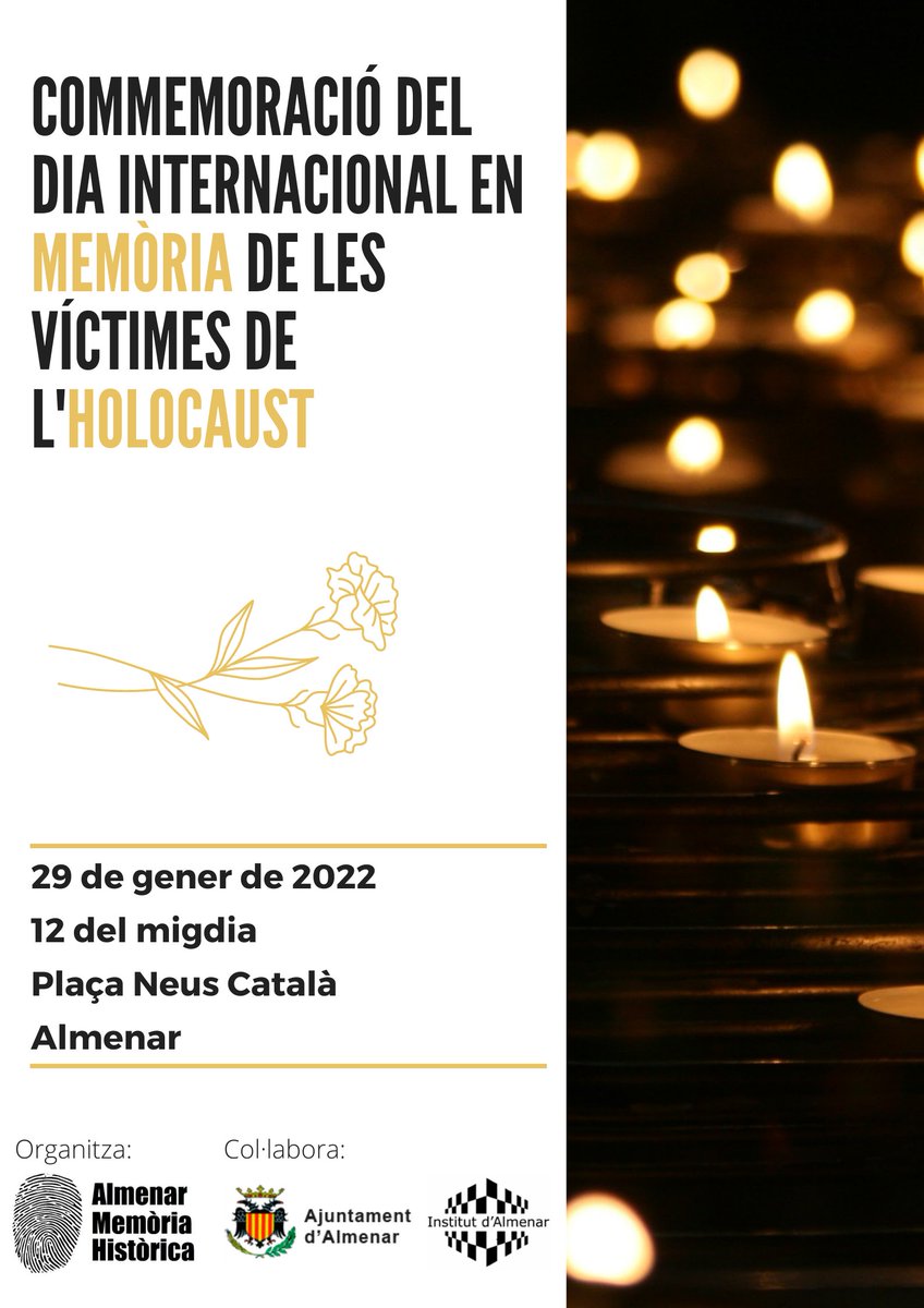 AlmenarMemoria's tweet photo. Hem organitzat un acte en Commemoració del Dia Internacional en Memòria de les Víctimes de l'Holocaust, que es va constituir el dia 27 de gener.🕯️
Ens veiem el pròxim dissabte dia 29 de gener a les 12 del migdia a la Plaça Neus Català d'Almenar
#memòria #nooblidem https://t.co/lq4MLWzlyG