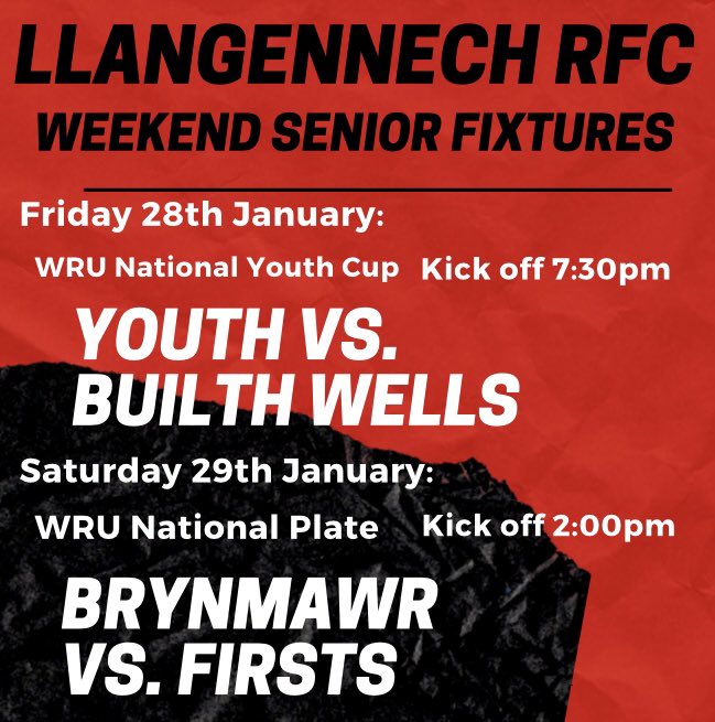 🏉WEEKEND FIXTURES🏉

Knockout competition for both the 1sts &amp; Youth this weekend!

#FridayNightLights as the Youth host <a href="/BUILTHR/">BUILTH WELLS RFC</a> in the National Cup

As the Plate takes precedence over the League, the 1sts travel to <a href="/feelthemawr/">Brynmawr RFC</a> in the rearranged fixture.

#BoisYLlan
⚫️🔴⚪️