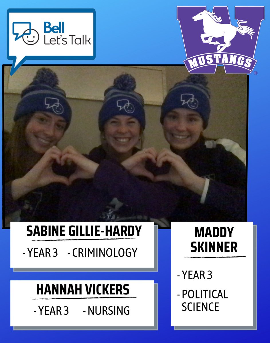 A couple of our teammates showing their support for bell let’s talk. 

Mental health matters. Reach out, you are never alone 💙

(Part 1)

#bellletstalk #westernmustangs