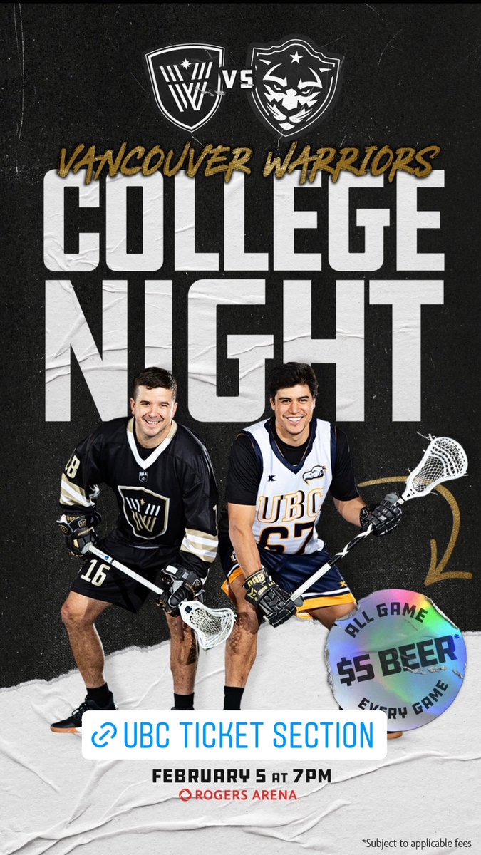 Craving some live sports entertainment? A night out with friends? The @nllwarriors and <a href="/UBCLax/">UBC Lacrosse SC</a> invite you to College Night at Rogers Arena on Saturday, Feb 5th at 7pm! 

Join UBC alumni, students, friends in a dedicated section. Purchase your tickets now: fevo.me/ubc0205