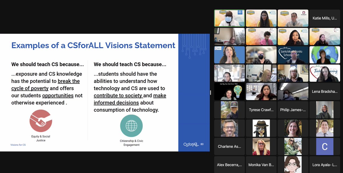 DrSonal_EDU's tweet photo. Great collaboration across counties with @CSforCA and @LacoeQuan sponsored #WinterofCS2022. Enjoyed facilitating the #CSVisions activity with @doctorstem &amp; @pjames252000. A small taster of a longer future @CSforALL workshop provided by county offices across the state! #CSEquity https://t.co/OZaheRfoRn