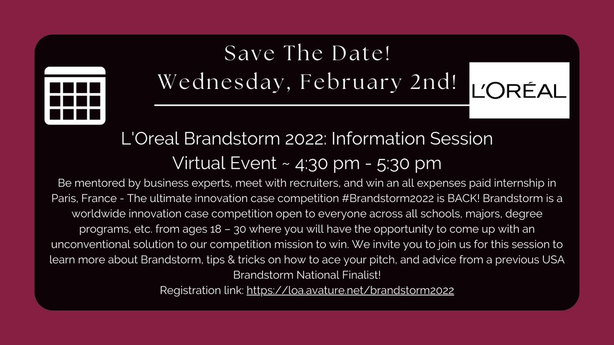 L'Oreal Brandstorm 2022: Information Session
Virtual Event ~ 4:30 pm - 5:30 pm; buff.ly/3G1SNYf
Register here: buff.ly/3qNvCN7
The ultimate innovation case competition #Brandstorm2022 is BACK!
@Nichols_College