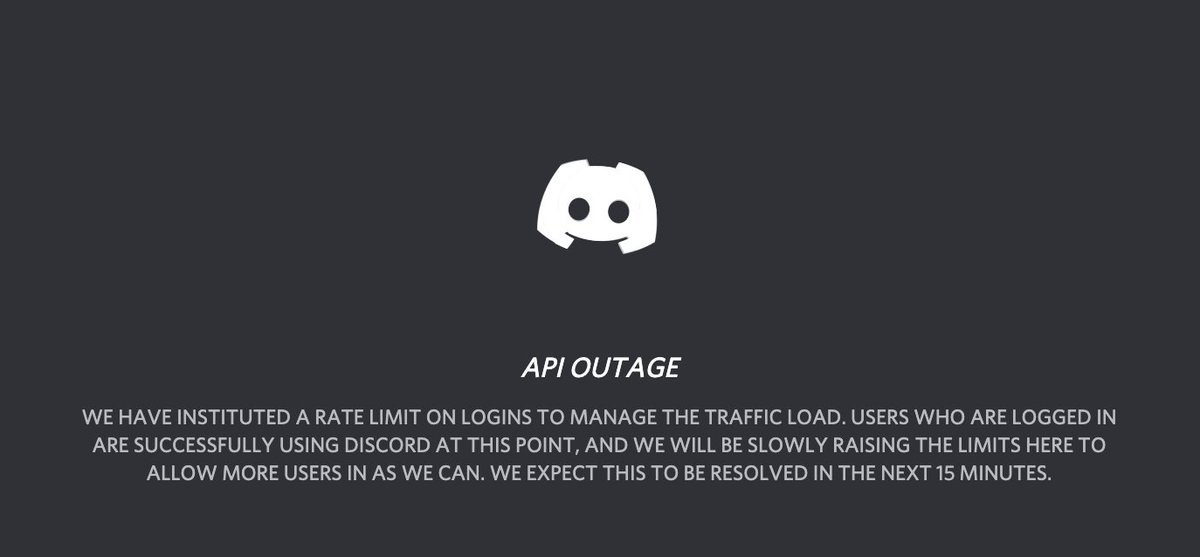 CoachTrix's tweet photo. People experiencing Discord issues, here is the message I was shown...
#DiscordDown #Discord #ApiOutage https://t.co/dB1OGlymQI