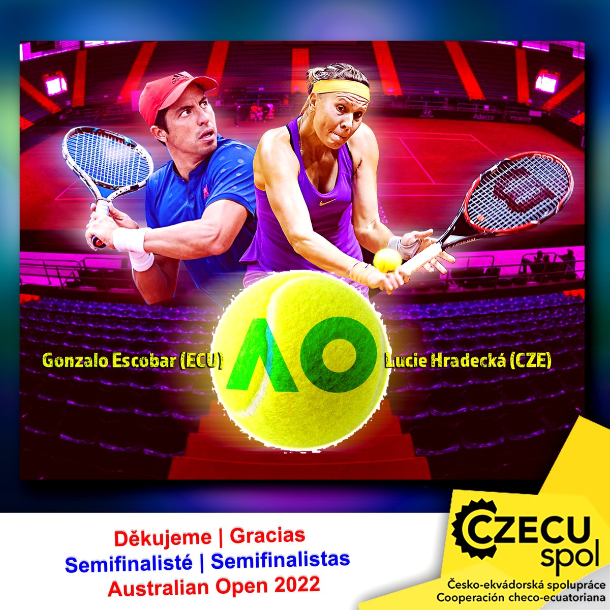 Semifinales Mixtos-Dobles | Australian Open 
Felicitaciones al par checo-ecuatoriano por llegar hasta semifinales y representar a ambos países con honor.

Lucie Hradecká 🇨🇿
Gonzalo Escobar 🇪🇨

¡Gracias! 

Děkujeme!

#EnPraga #AustralianOpen #Ecuador