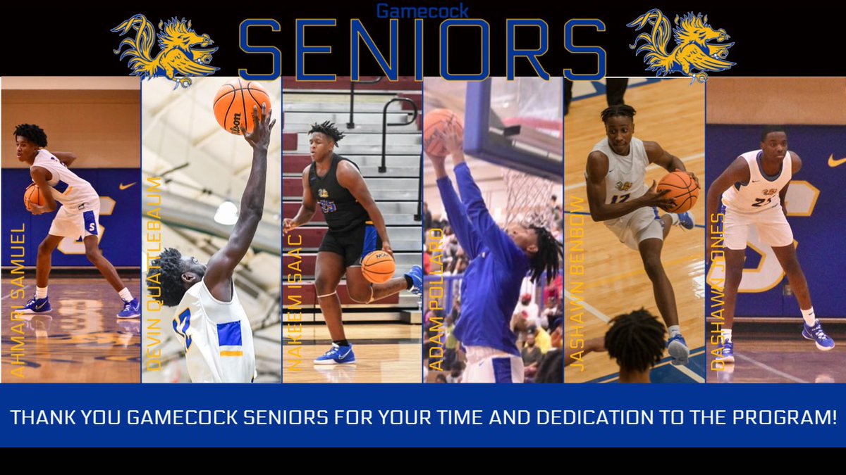 GamecocksBball's tweet photo. 🏀Thank You Seniors🏀

Tonight we face Conway for Senior Night

It’s another big game in an already memorable season for us. Thank you to all of the seniors that made it possible!

🏀Ahmari Samuel
🏀Devin Quattlebaum 
🏀Nakeem Isaac
🏀Adam Pollard
🏀Jashawn Benbow
🏀Dashawn Jones https://t.co/qf7uMEQ4f5