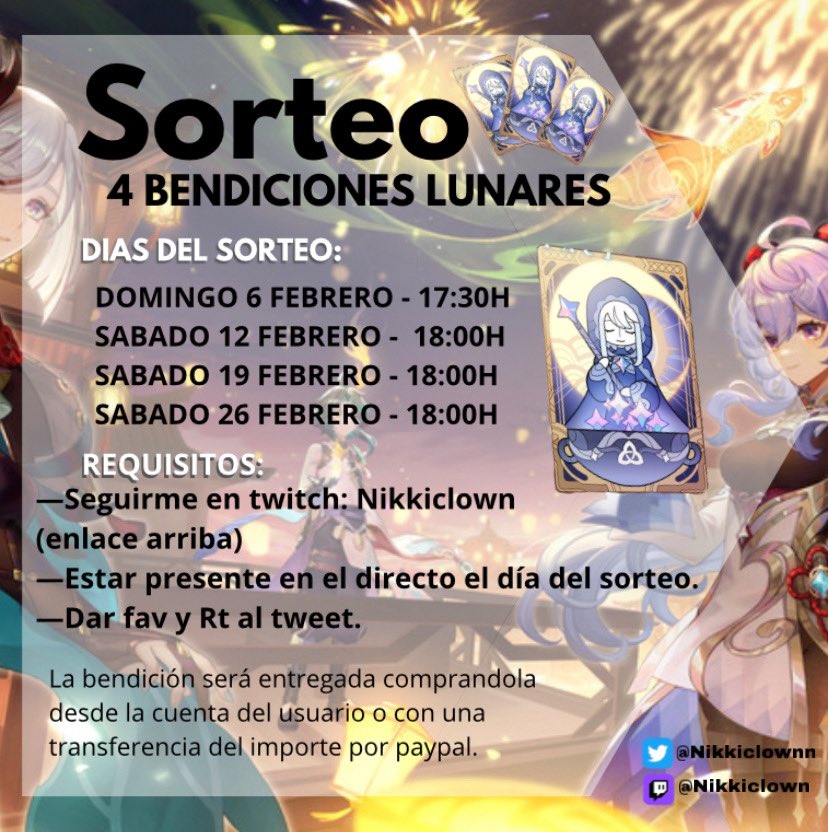nikkiclown's tweet photo. SORTEO 4 BENDICIONES LUNARES.
Para participar:

—Fav y Rt al tweet
—Seguirme en twitch: https://t.co/GWhMIYOzRT 

Se sorteará una bendición por día. Solo se dará el premio al ganador si está presente en el directo. Más info en la imagen, mucha suerte a todos💛 https://t.co/qZDlKTJGCp