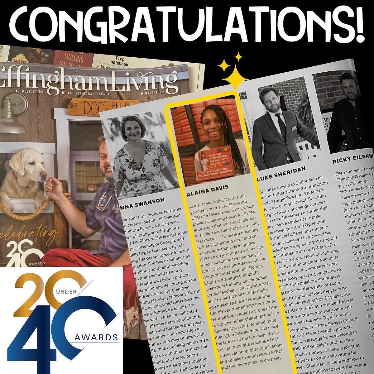 STEMbae's tweet photo. Well this was a hard one to hold in! This year Alaina was awarded the Top 20 Under 40 award by Effingham Living Magazine! And get this, she is the YOUNGEST RECIPIENT! 

Go Alaina! I’m so proud ❤️❤️❤️

https://t.co/q4gV4HbOkd
#stem #awards #top20under40 #Entrepreneur https://t.co/sLR9DUfk8g