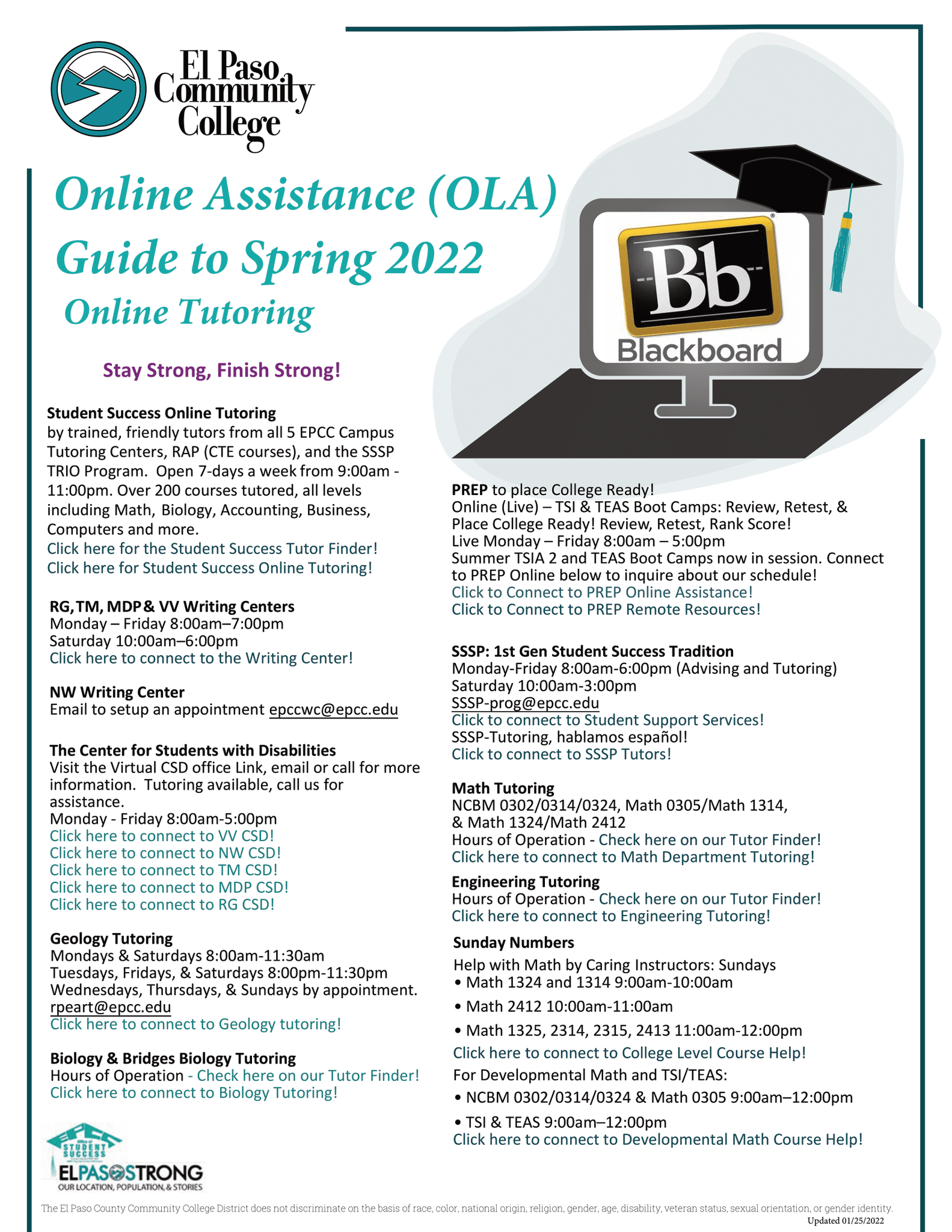 EPCC on Twitter: "OLA (Online Assistance) Guide to Spring 2022 Online  Tutoring. Available free for all EPCC students. Please open flyer for  direct links and details: https://t.co/n85447W1cQ https://t.co/uesu2UVMNT"  / Twitter