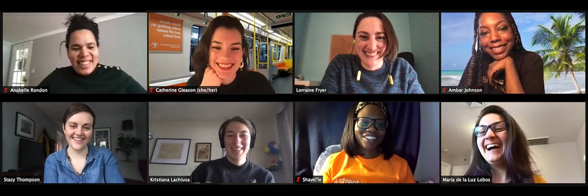A screen shot of a LivableStreets staff zoom call, showing eight women of different races and skin colors smiling at the camera.