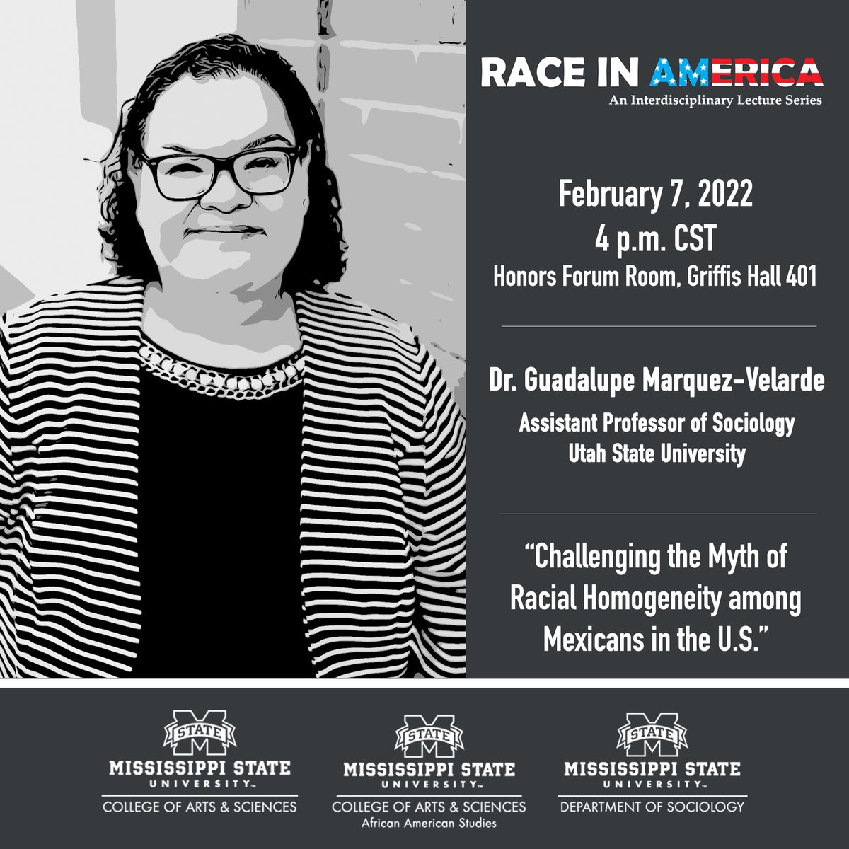 Mark your calendars! 📆

Dr. Guadalupe Marquez-Velarde is teaming up with the Race in America series to give a talk on "Challenging the Myth of Racial Homogeneity among Mexicans in the U.S."

February 7th at 4pm CST in Griffis Hall